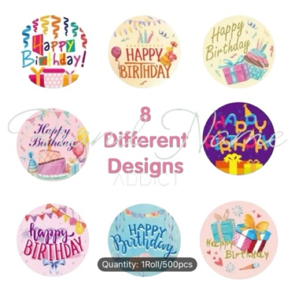 Roll of 500 Happy Birthday (8 different design) Sticker - Picture 2 of 2
